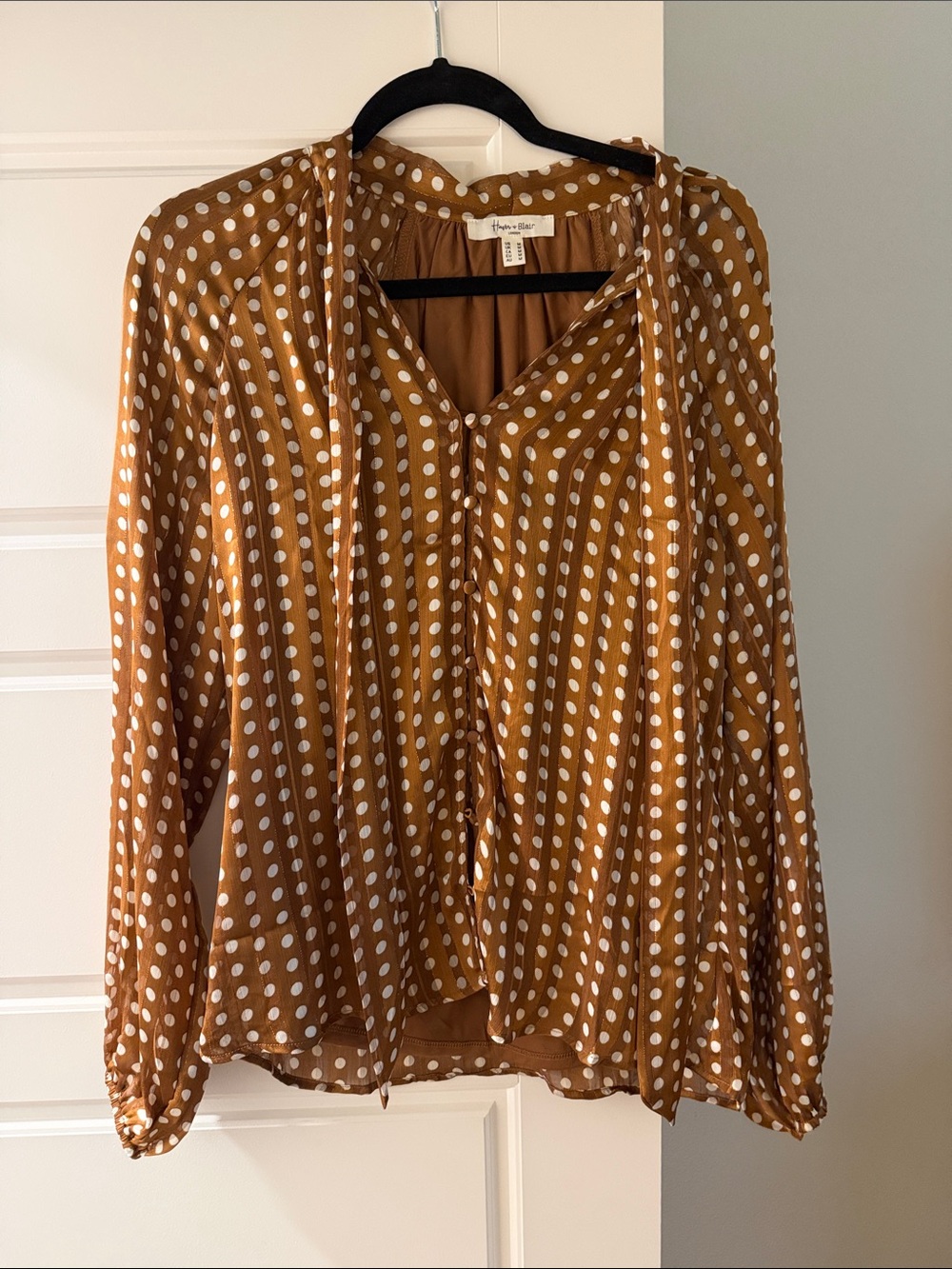 Bronze Polka Dot Tie-Neck Blouse